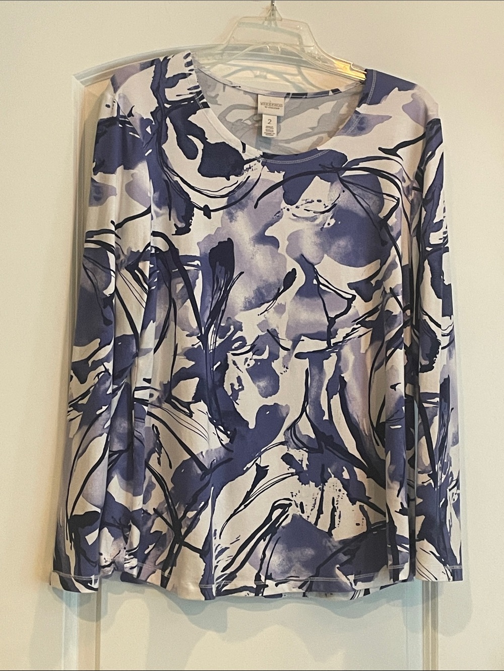 Chico's Blue and White Abstract Long Sleeve Top